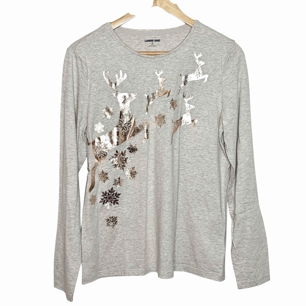 Lands End Reindeer Long Sleeve Tee Womens Size M Holiday Festive Christmas
